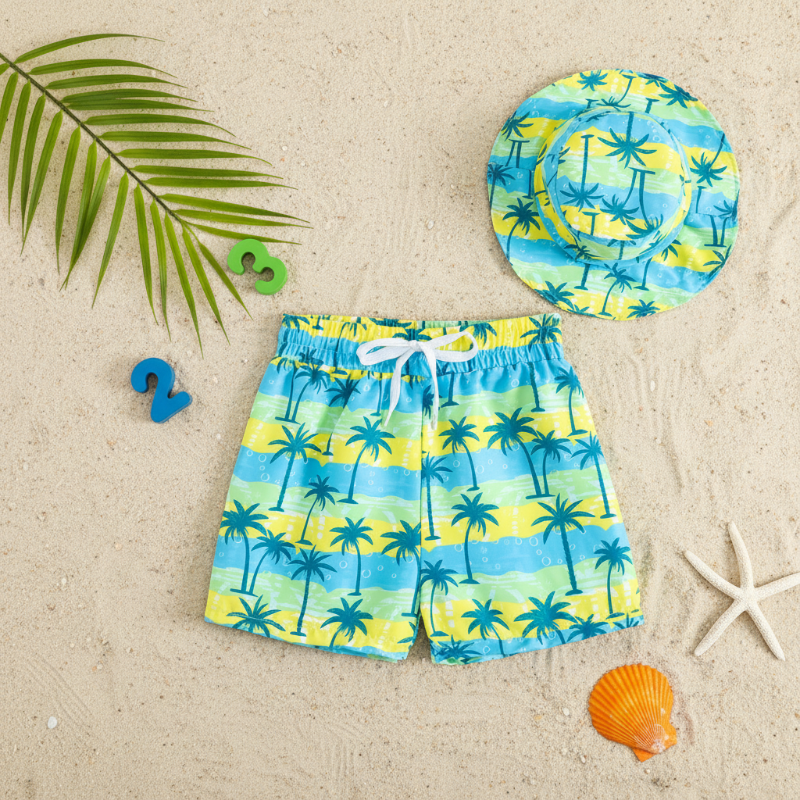 Kids Beach Set | Printed Swim Shorts | Matching Hat Unisex Design