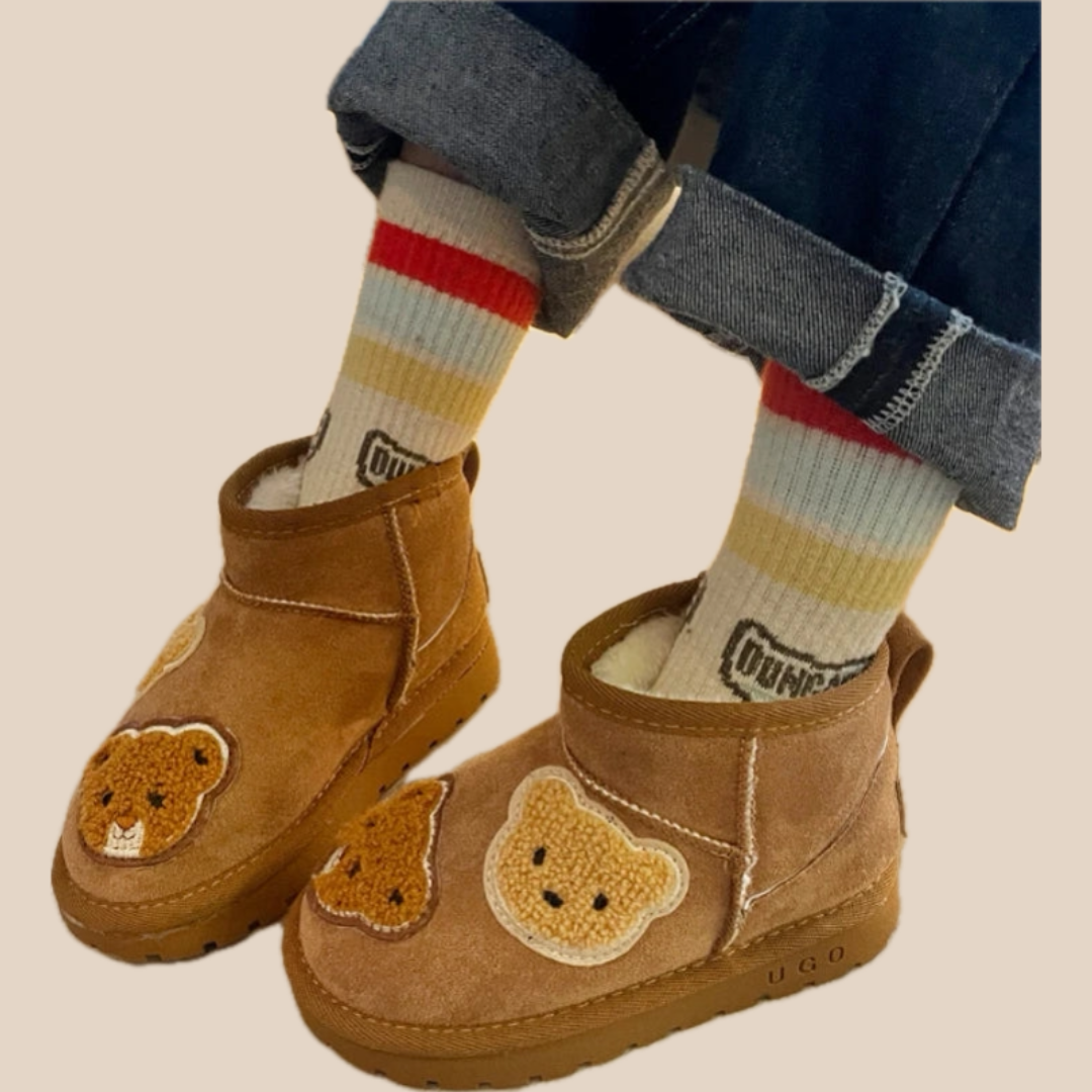 Mini Fashion - Suede Brown Ankle Boots with Bears