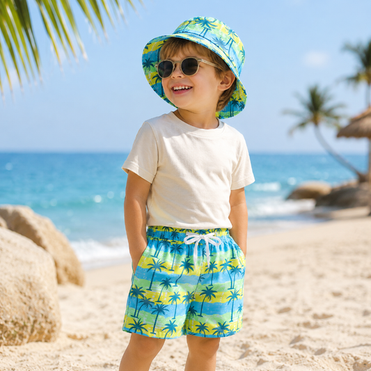 Kids Beach Set | Printed Swim Shorts | Matching Hat Unisex Design