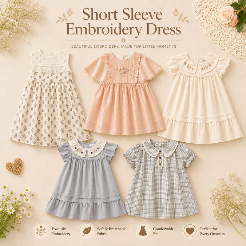 Short Sleeve Embroidery Dress – Elegant & Comfort – Boutique Girls Dress