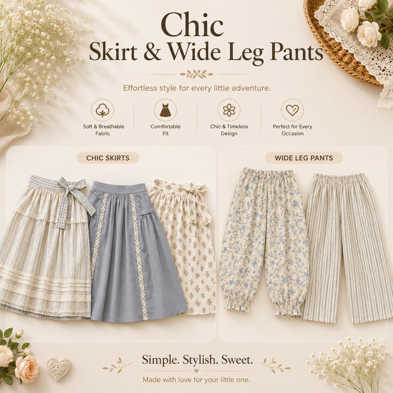 Chic Skirt & Wide Leg Pants – Elegant & Comfort – Loose Children's Clothing