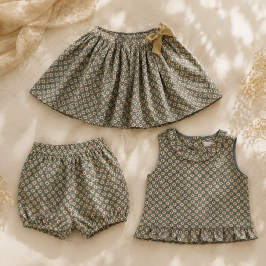 Kids Matching Set | Daisy Print | Bloomer and Skirt Unisex Design