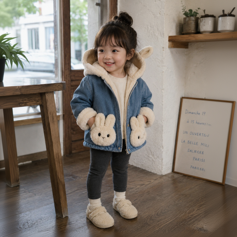 Girls Bunny Denim Coat – Warm & Comfort – Children's Jacket