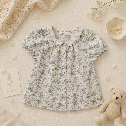 Vine Print Blouse – Light & Cute – Children's Blouse with Puff Sleeves
