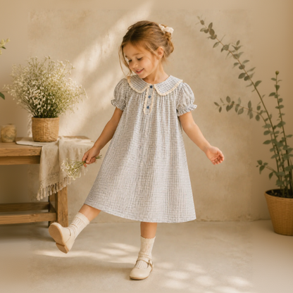 Check Dress – Soft & Breathable – Classic Collar with Puff Sleeves