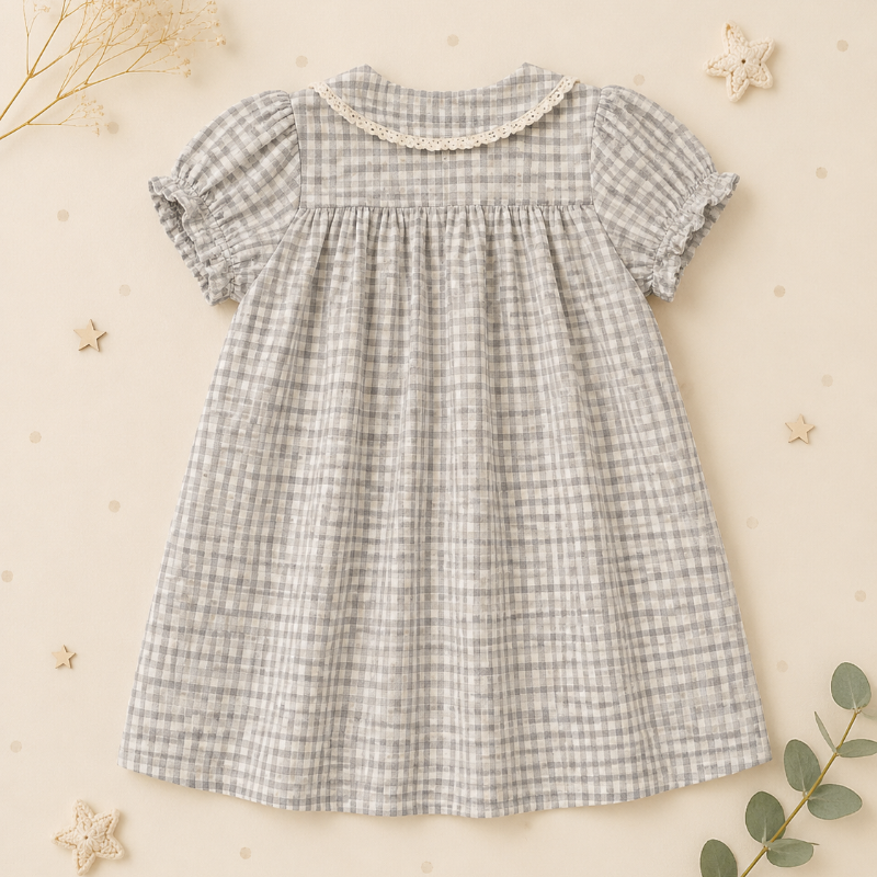 Check Dress – Soft & Breathable – Classic Collar with Puff Sleeves