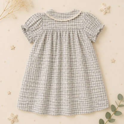 Check Dress – Soft & Breathable – Classic Collar with Puff Sleeves