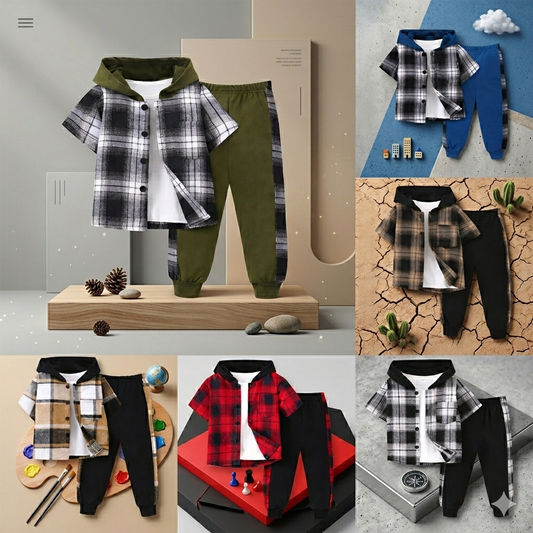 Kids Checkered Set | Button-Up Shirt | Matching Shorts Unisex Design